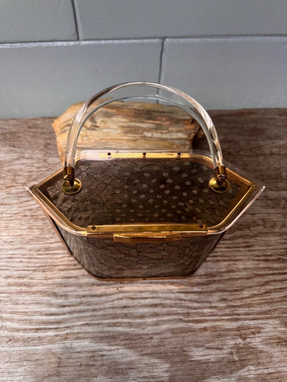 Majestic Lucite Box Purse Black Lace Gold Tone Vintage 1950s Evening Handbag - Picture 2 of 7